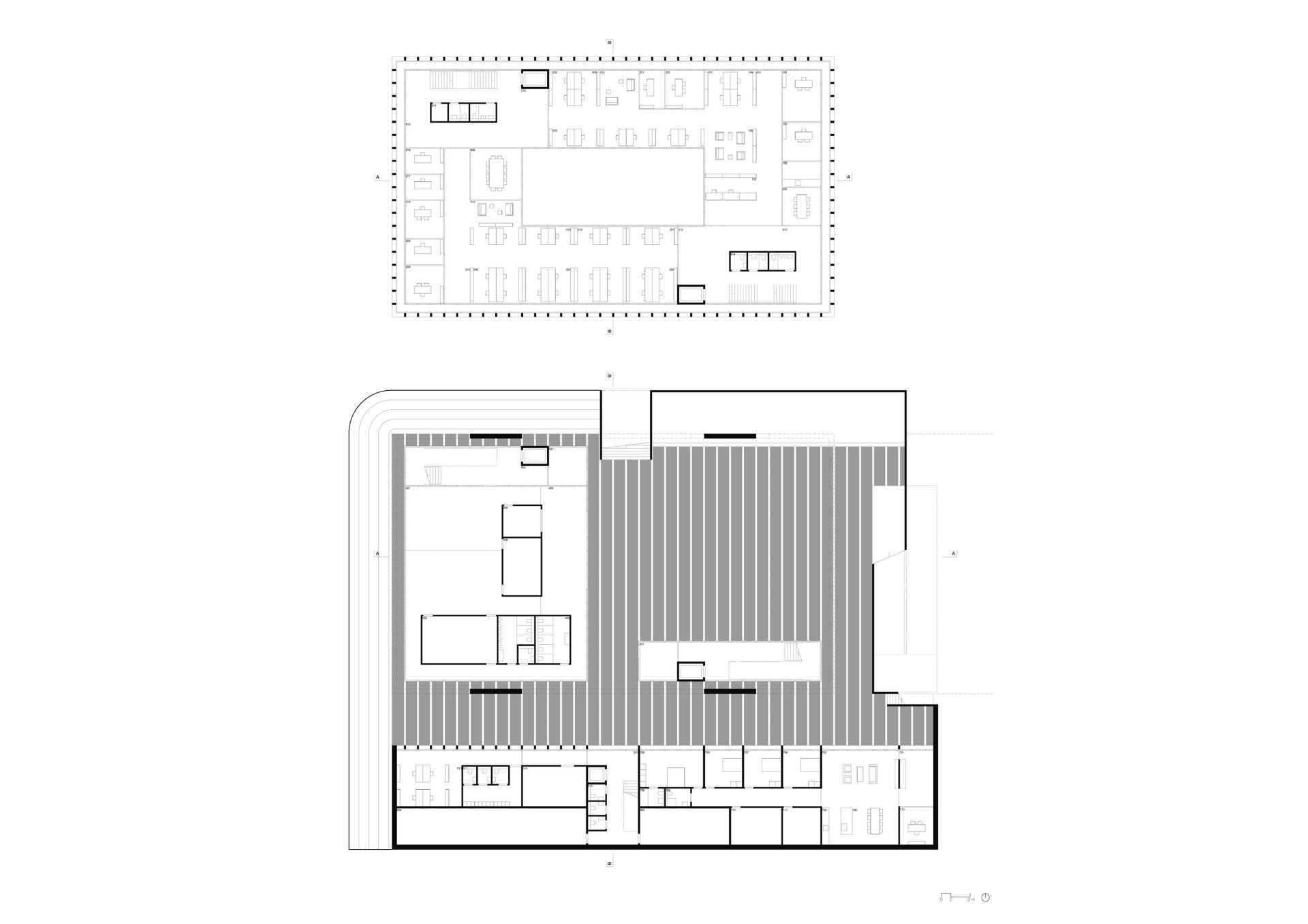 Basement and first floor plan Philippe Meyer Architecte - Ambassade Gothard block