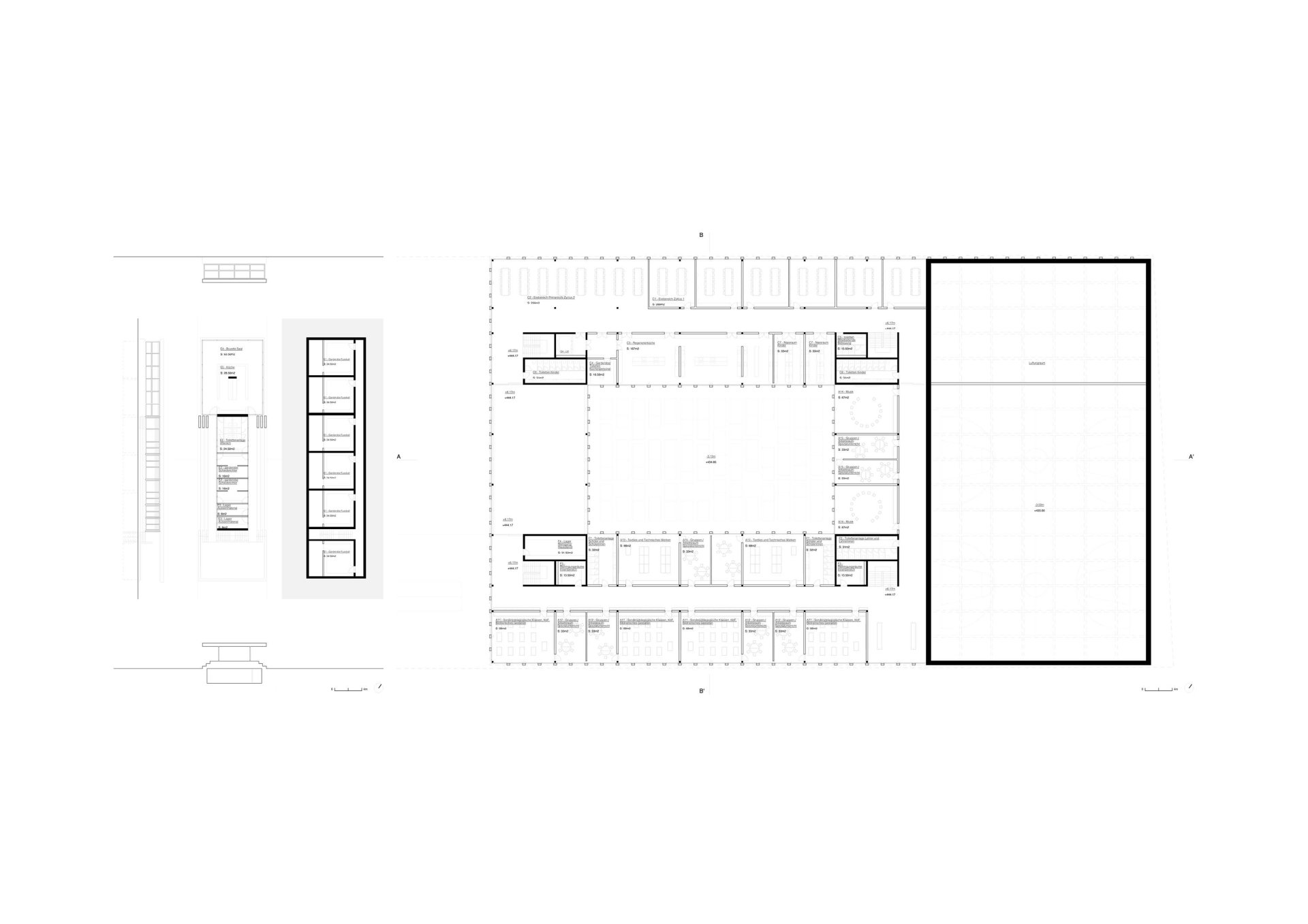 Second floor plan and football club plan and section Philippe Meyer Architecte - Complexe scolaire