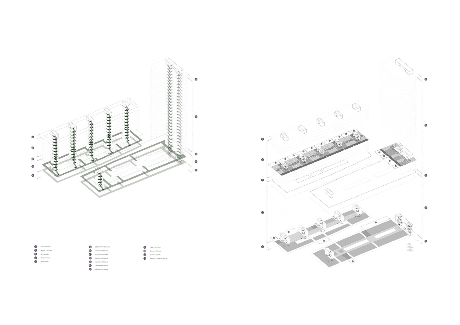 Circulation and typology diagrams Philippe Meyer Architecte - Logements