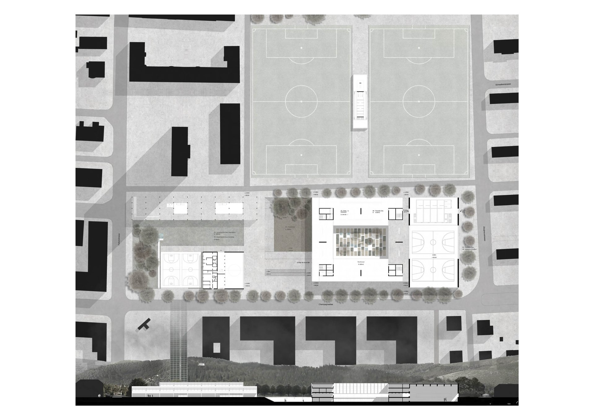 Ground floor plan and section Philippe Meyer Architecte - Complexe scolaire