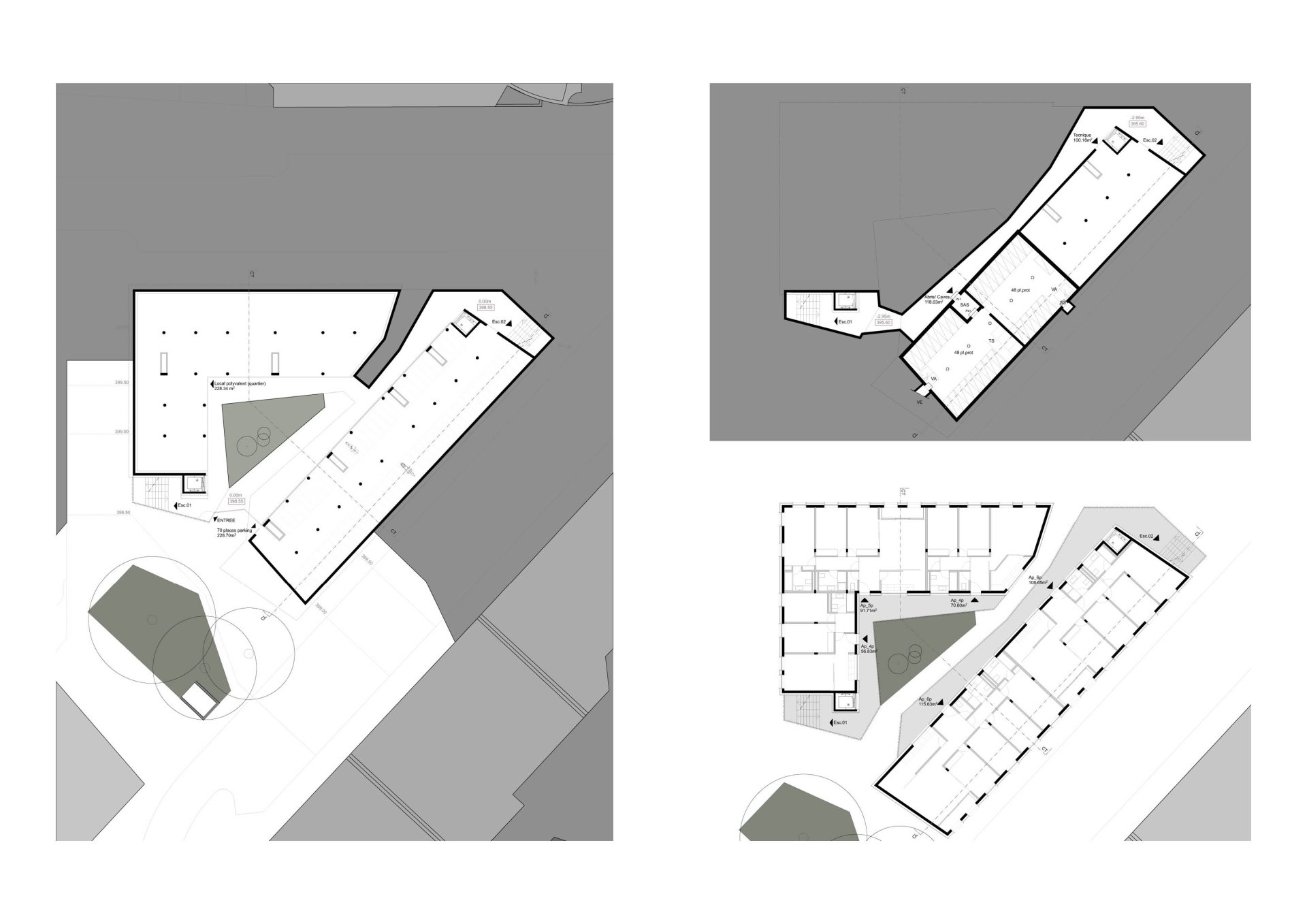 Lower ground floor, basement, first and second floor plans Philippe Meyer Architecte - Immeuble d'habitation La part du vide