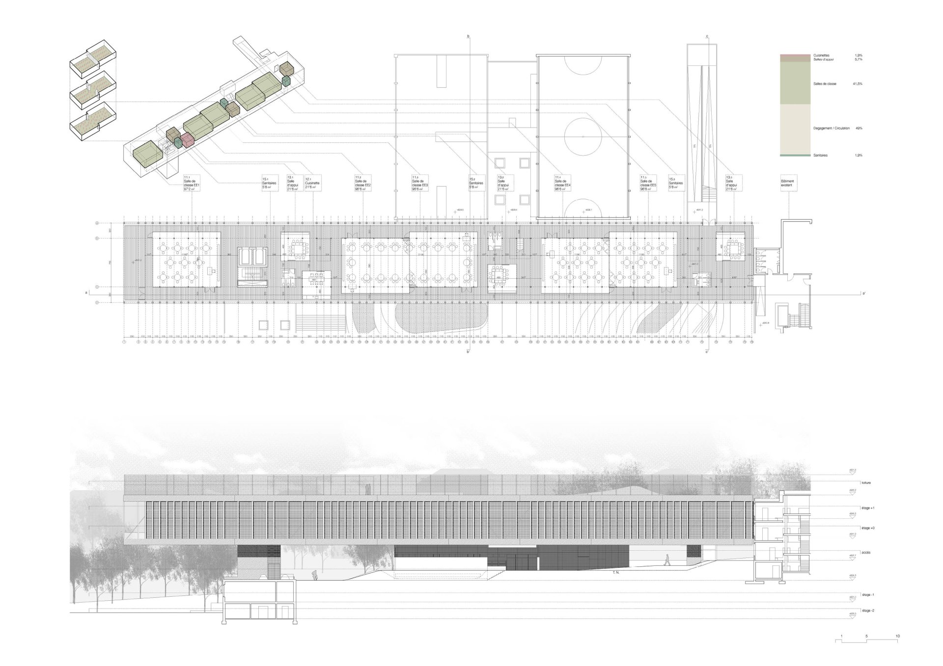 Ground floor plan and North courtyard elevation Philippe Meyer Architecte - Extension d'une école primaire