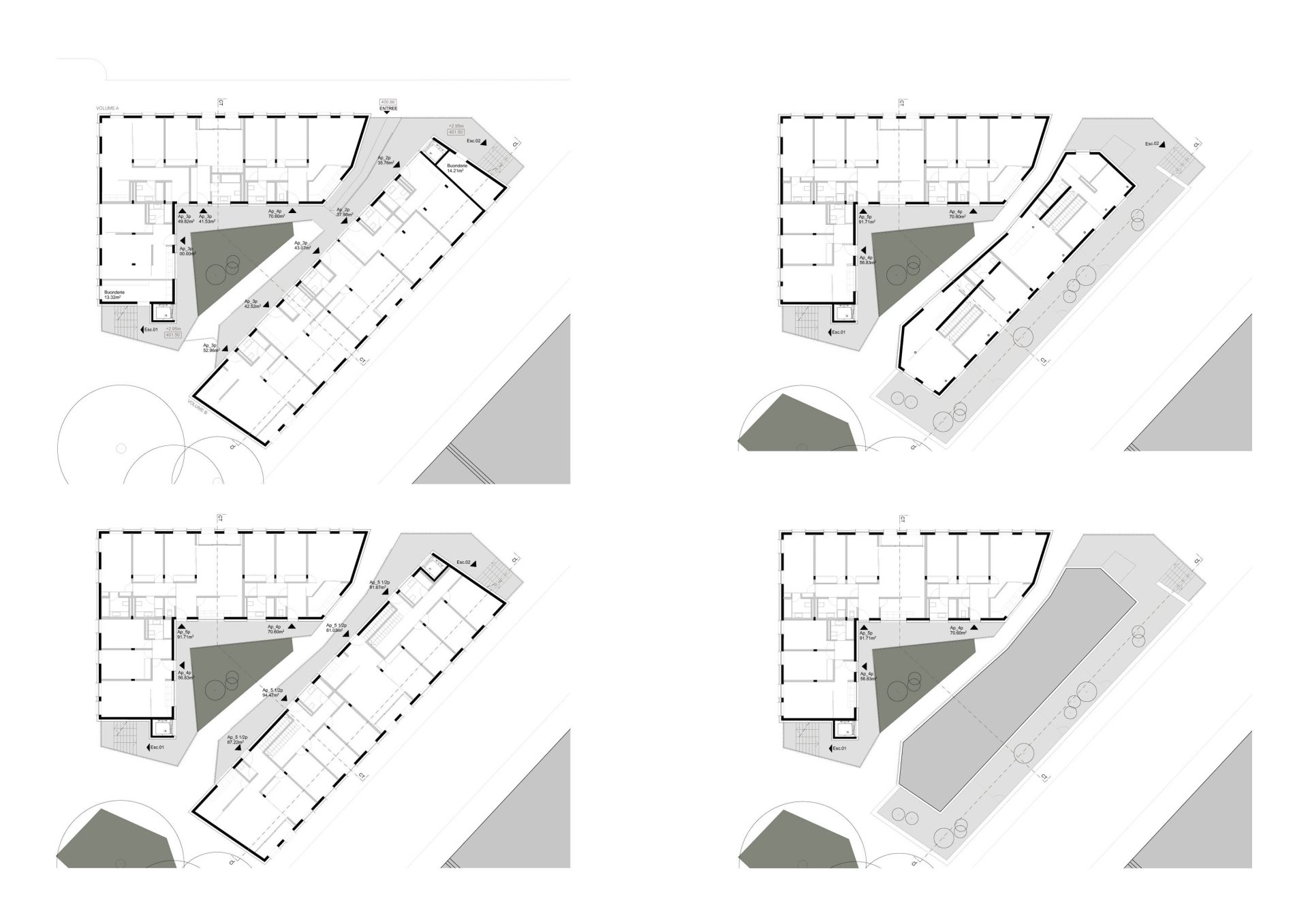 Upper ground floor, third, fourth, and fifth floor plans Philippe Meyer Architecte - Immeuble d'habitation La part du vide