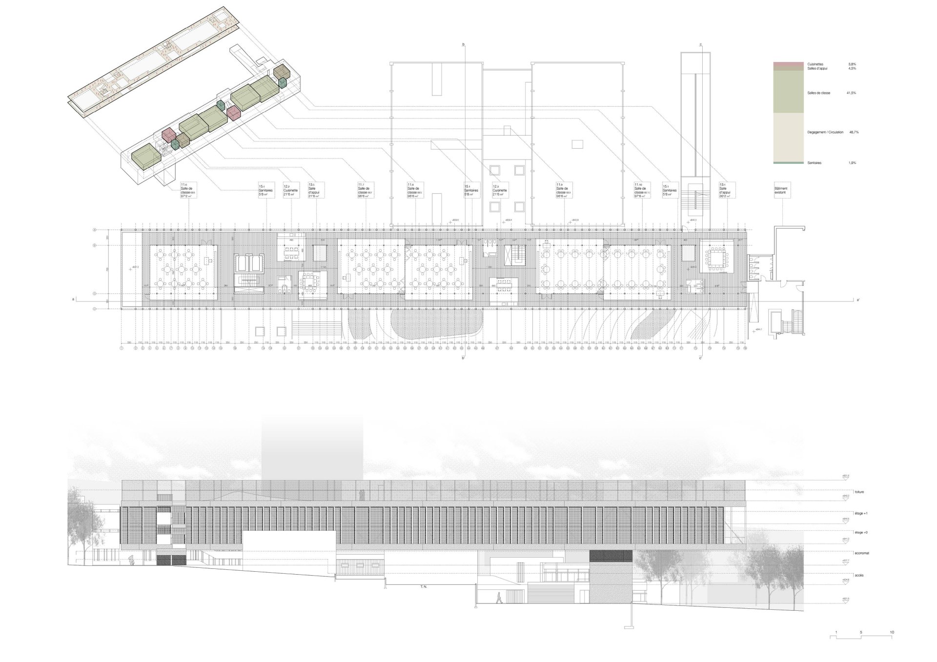 Upper floor plan and North street elevations Philippe Meyer Architecte - Extension d'une école primaire