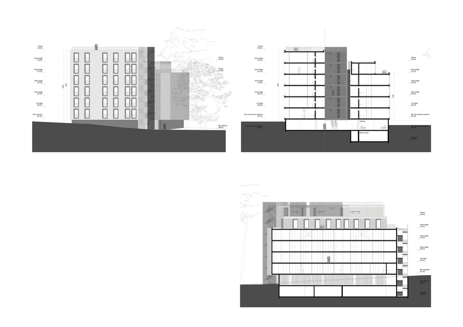 South facade and sections Philippe Meyer Architecte - Immeuble d'habitation La part du vide