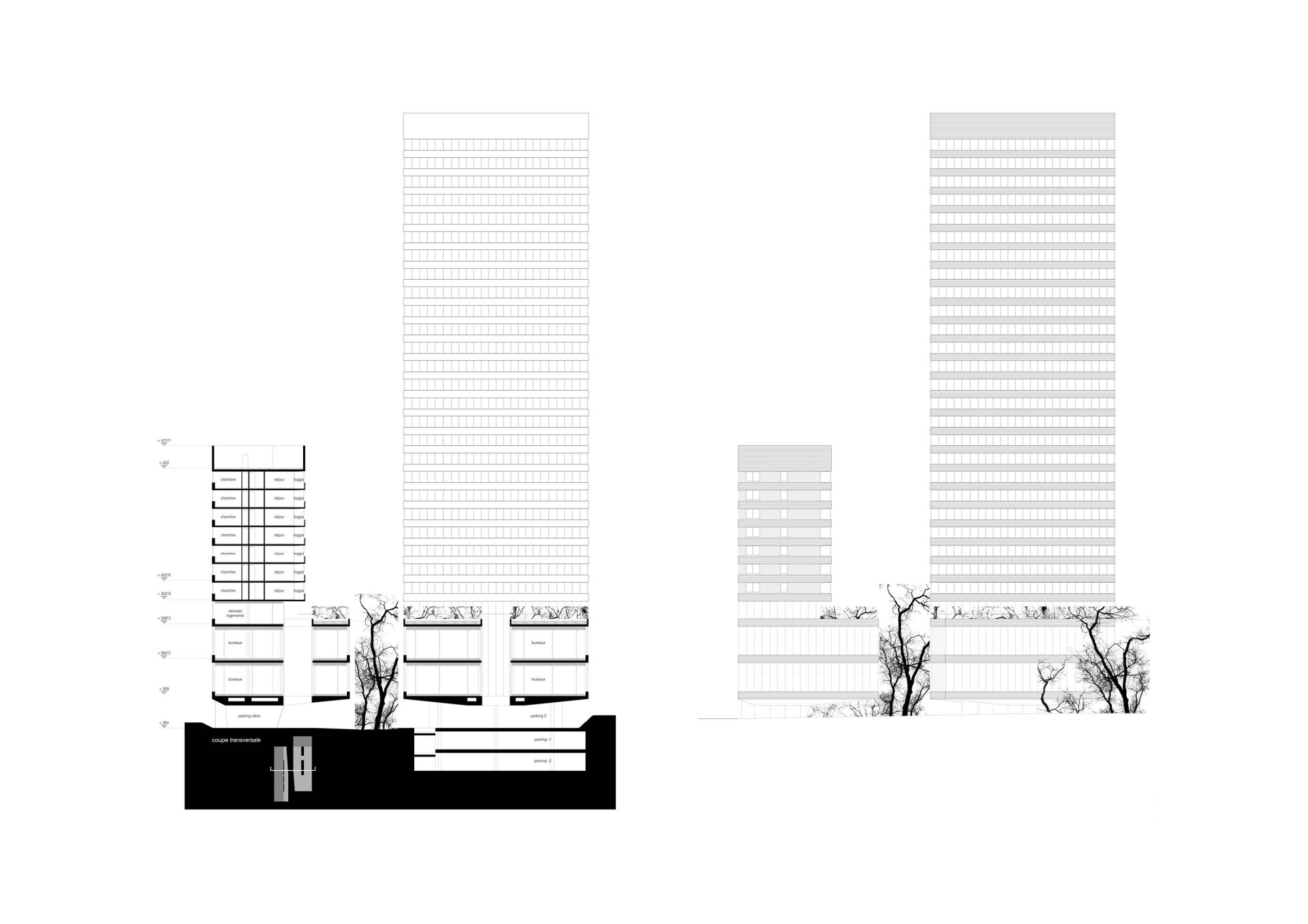 Section and South-West elevation Philippe Meyer Architecte - Logements