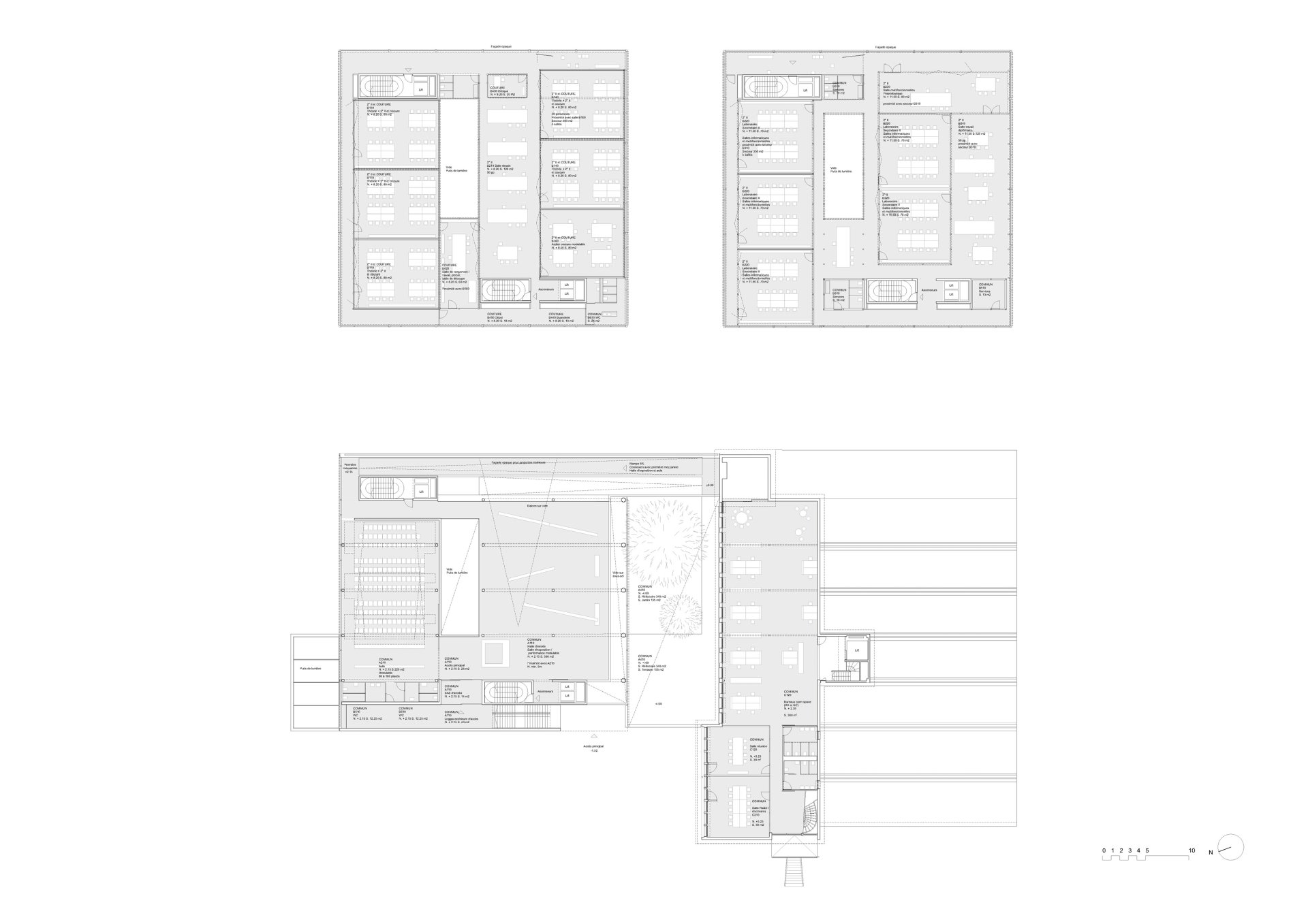 First, second, and third floor plans Philippe Meyer Architecte - Ecole de couture
